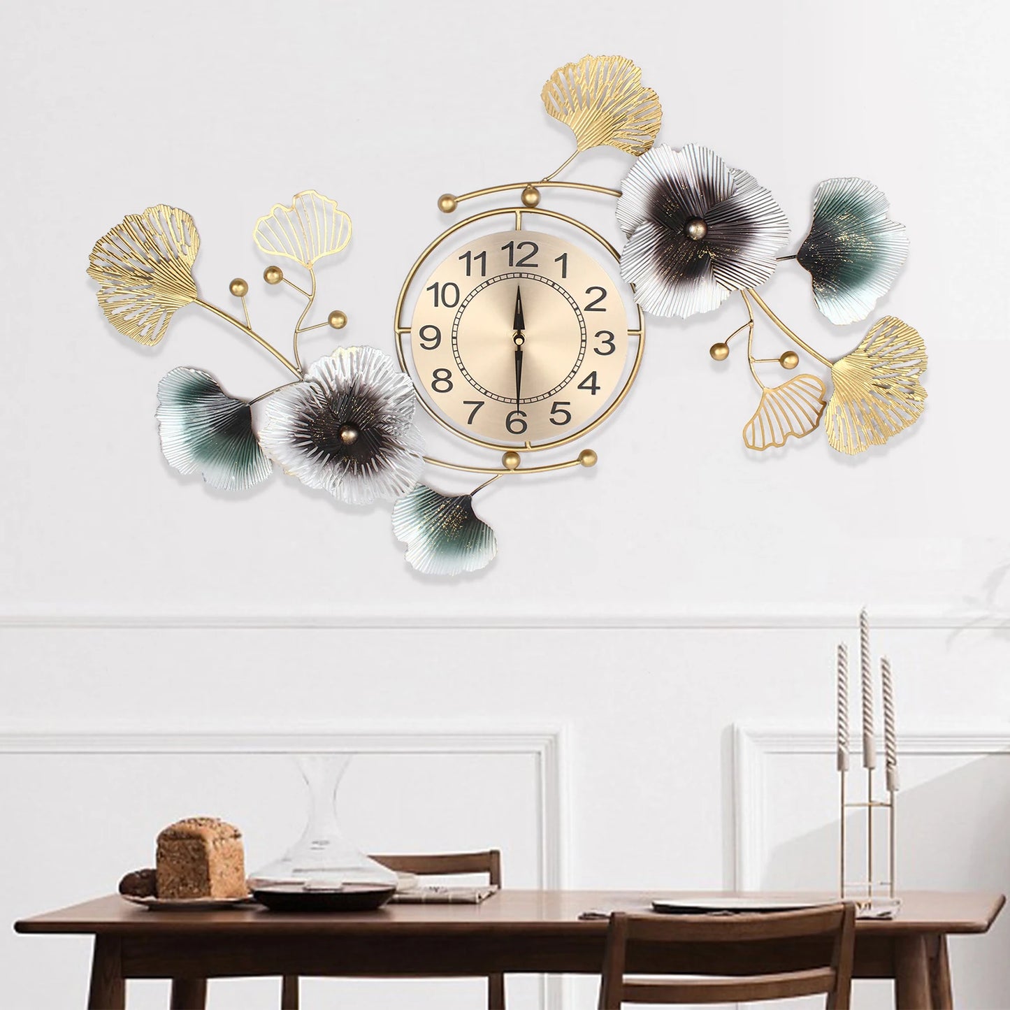 Modern Large Metal Gold-Green Ginkgo Leaf Wall Clock, Quartz Movement