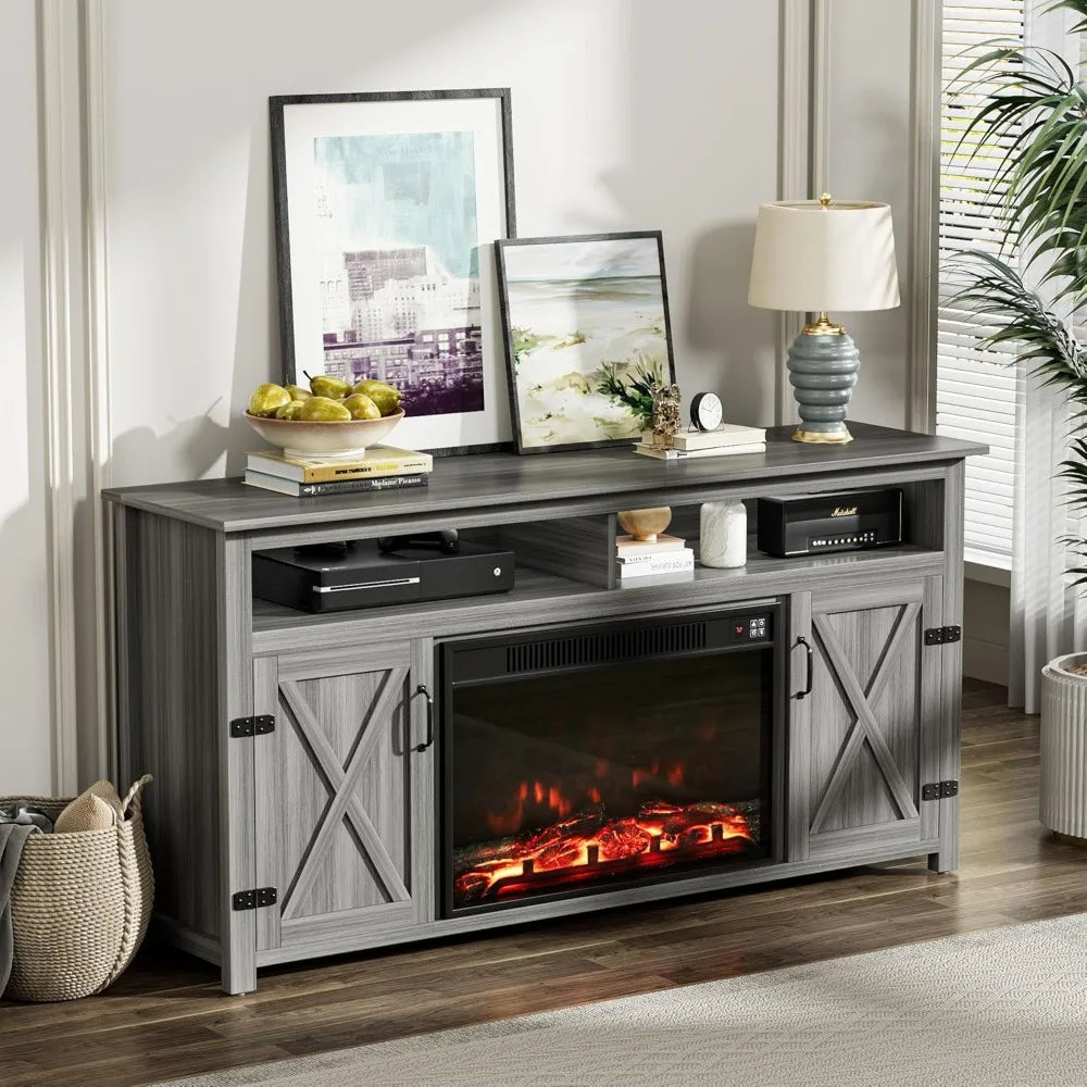 Modern TV Stand with Two Barn Doors and Storage Cabinets