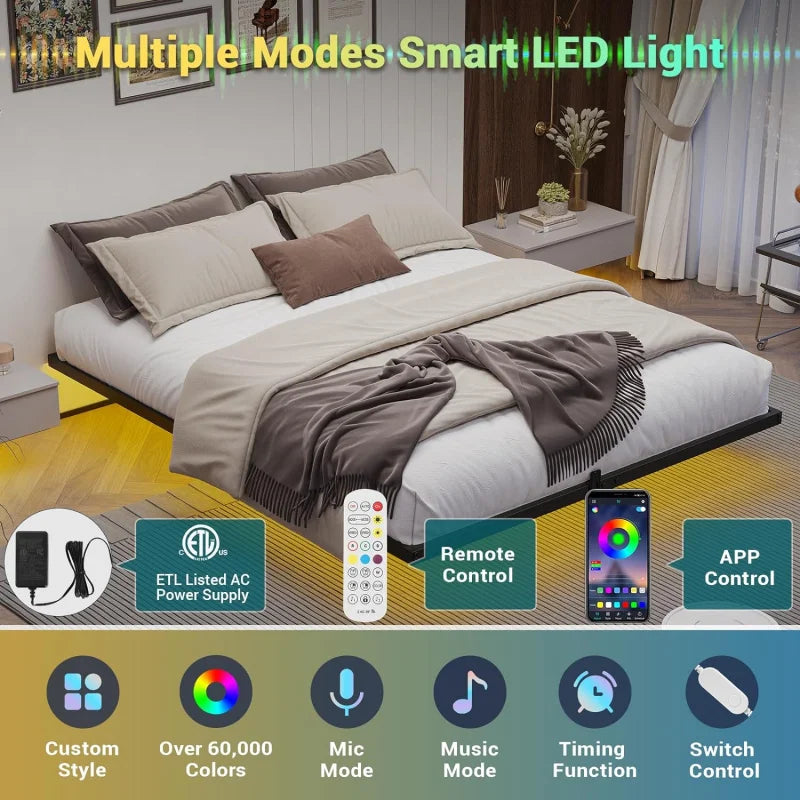 Floating Queen Size Metal Frame Platform Bed With LED Lights