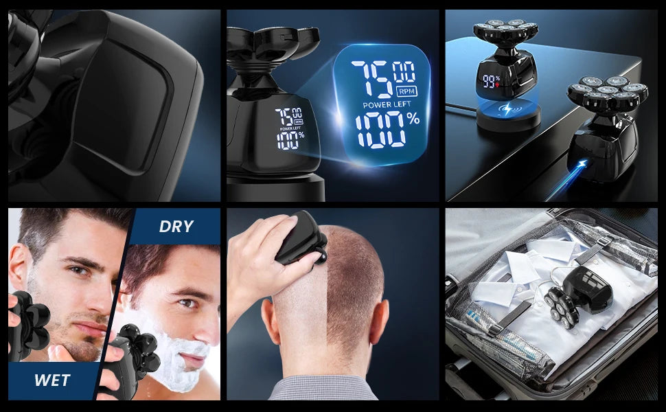 6-in-1 Multifunctional 7D Head Shavers, Electric Razor for Bald Men
