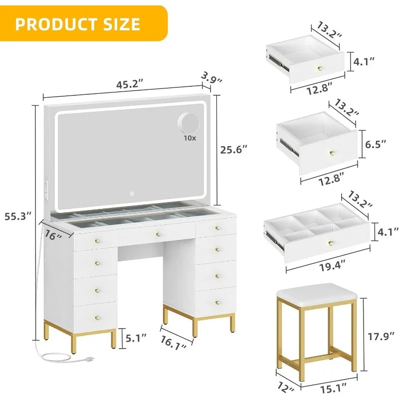 White/Black Vanity Desk with Large Mirror, Lights, and Charging Station