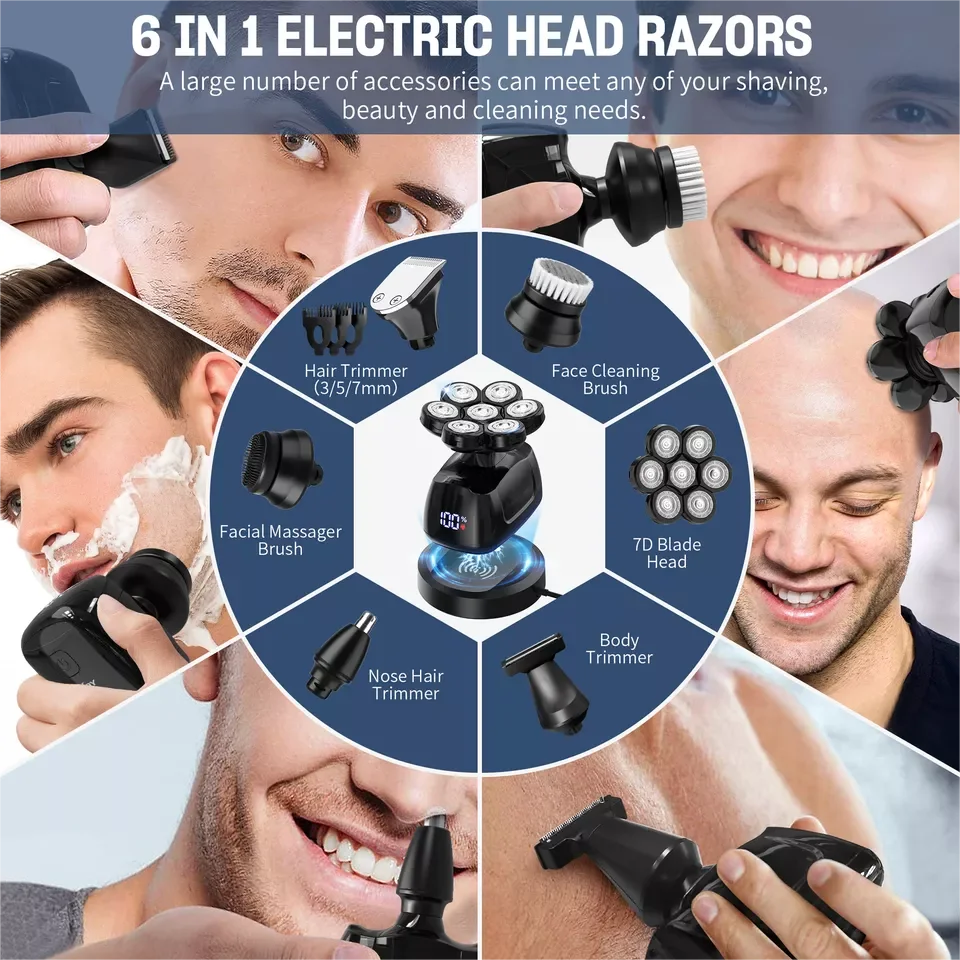 6-in-1 Multifunctional 7D Head Shavers, Electric Razor for Bald Men