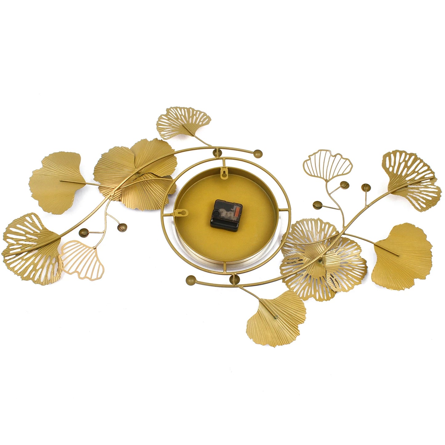 Modern Large Metal Gold-Green Ginkgo Leaf Wall Clock, Quartz Movement