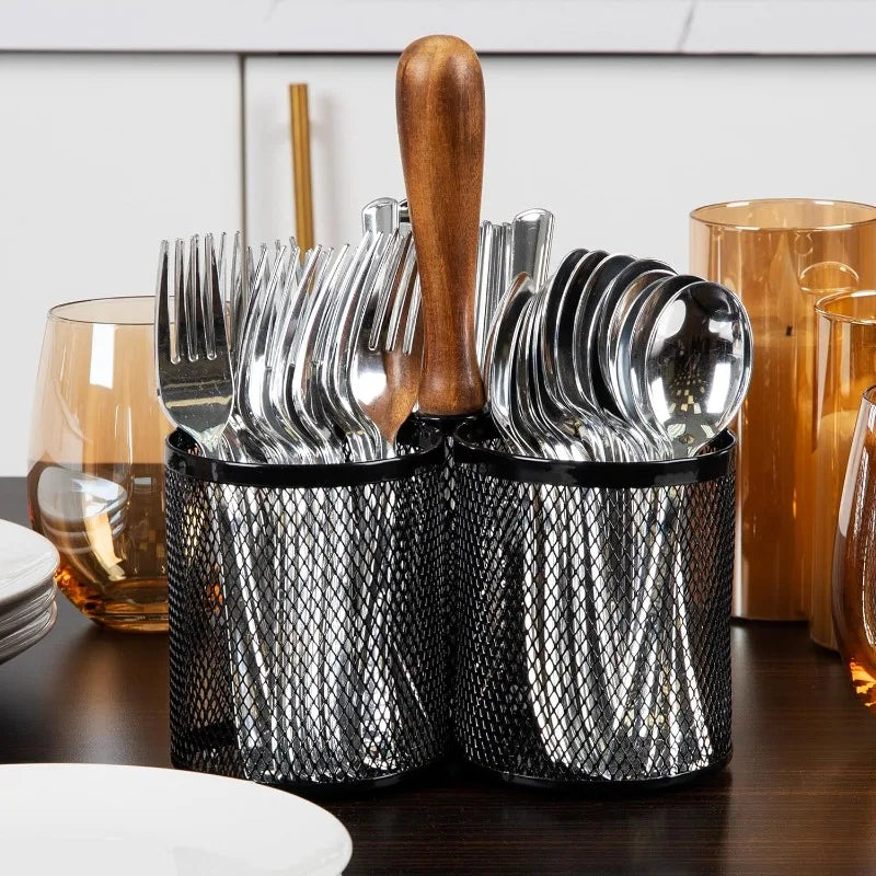 Utensil Holder, Silverware Organizer, Cutlery Holder, Kitchen, Metal Mesh, 7.5"L x 7.5"W x 9.75"H, Black