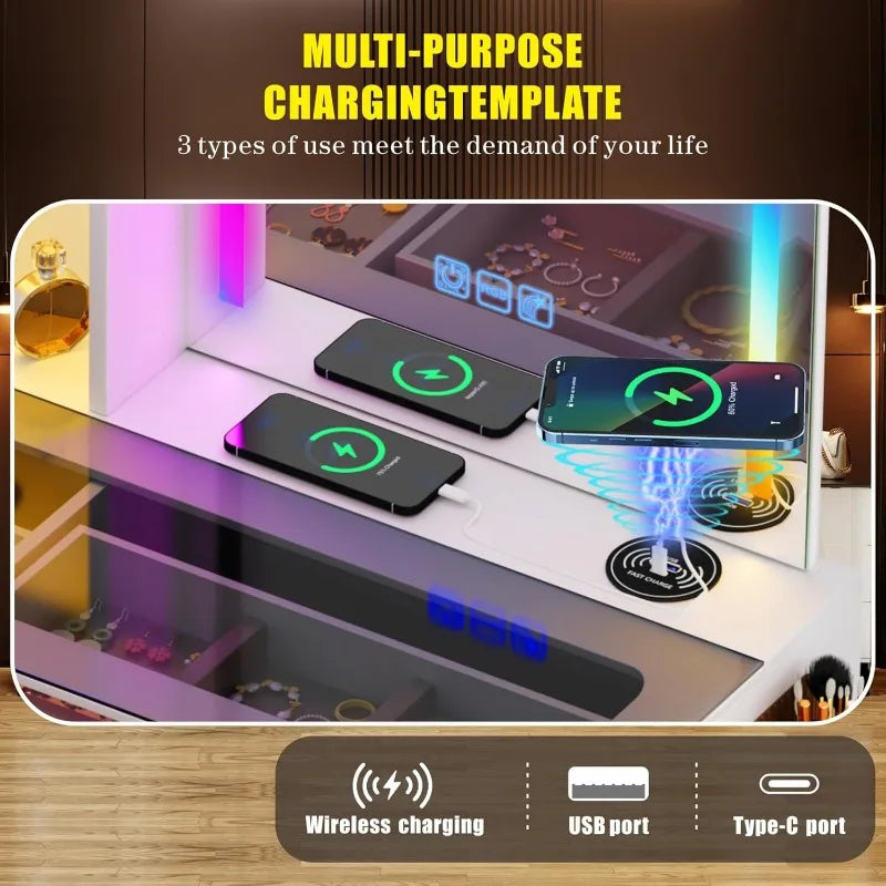 Vanity Desk with Mirror & RGB LED Lights-Vanity Set with USB & Type-C&Wireless Charging Station