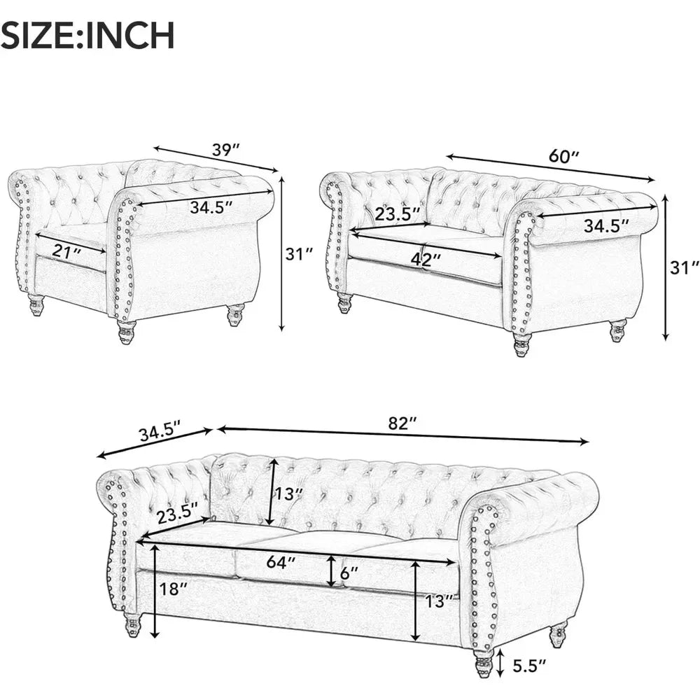 Modern 3-Piece, Three-Seater, Loveseat and Single Chair Sofa Set.