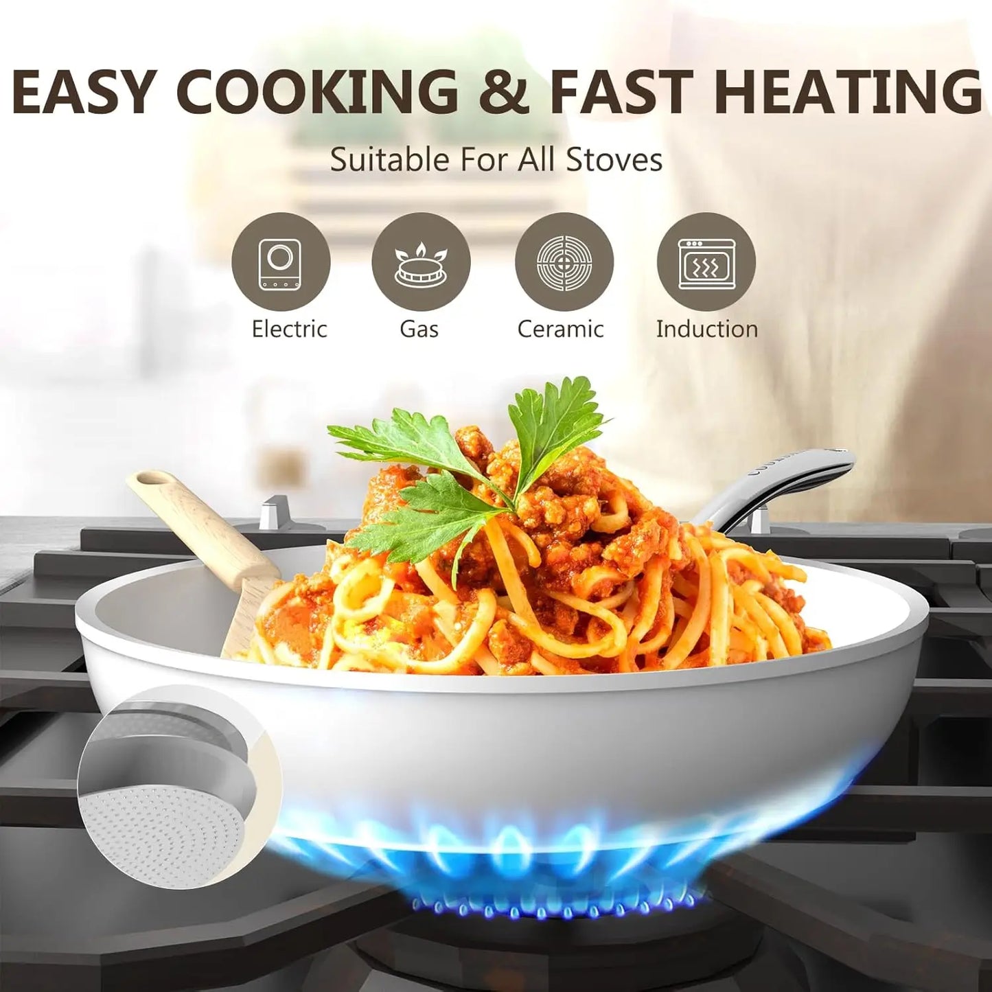 Nonstick Ceramic Cookware Set, 10 Pieces of White Pots and Pans Set with Glass Lids & Stainless Steel Handles