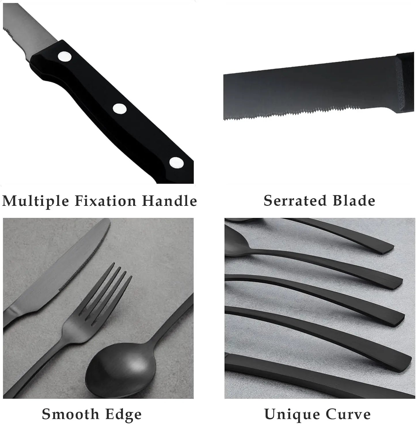 48 Piece Matte Black Silverware Set with Steak Knives, Stainless Steel Flatware Sets, Satin Polished Cutlery Set for Kitchen