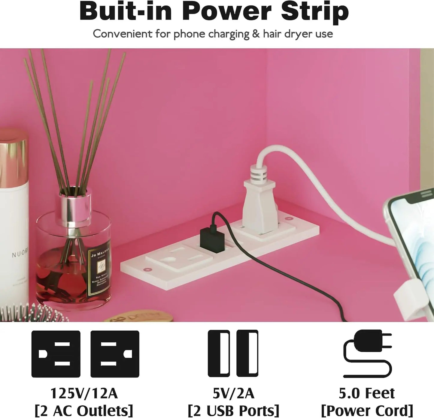 Vanity Makeup Desk with Lighted Mirror and Power Outlet