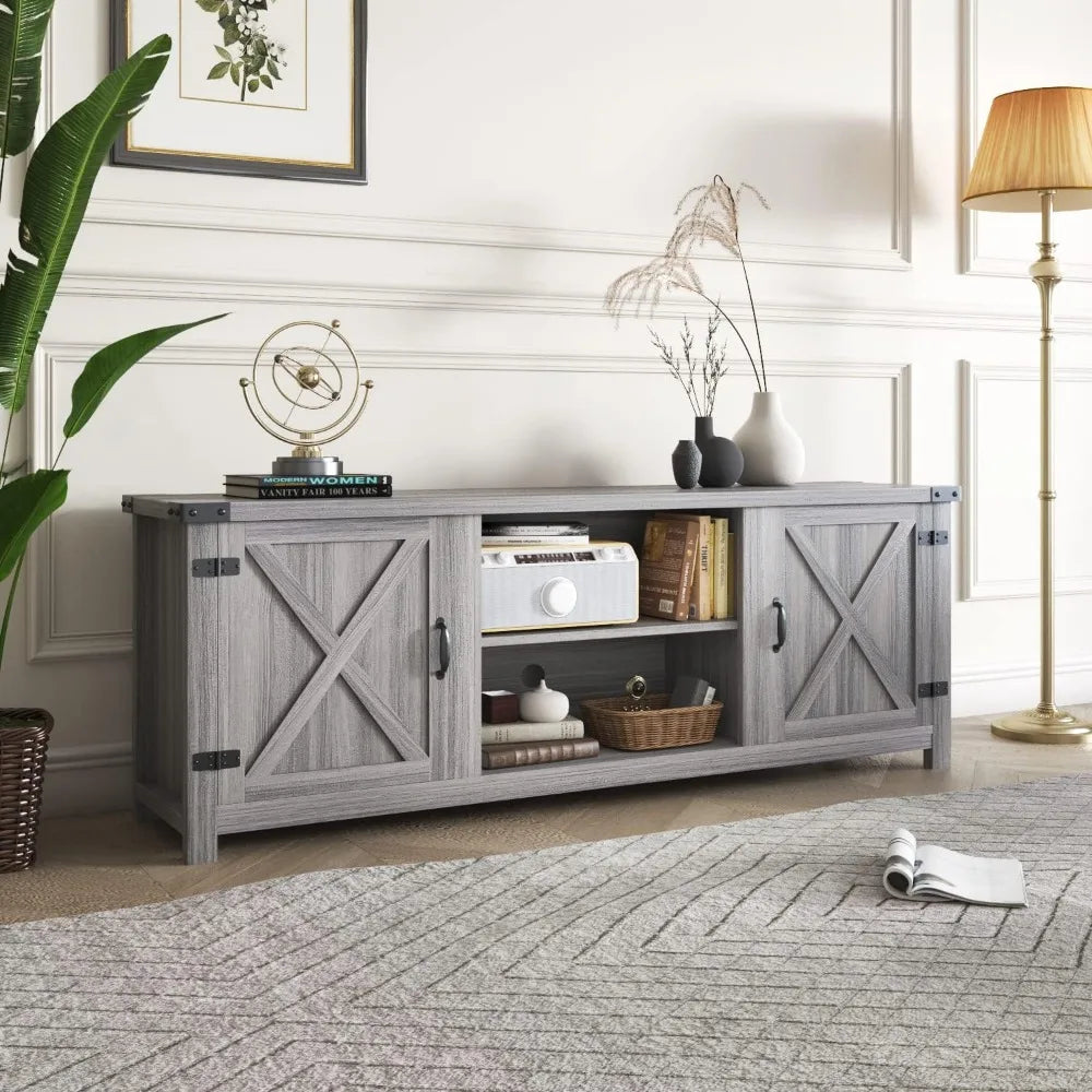 Modern TV Stand with Two Barn Doors and Storage Cabinets