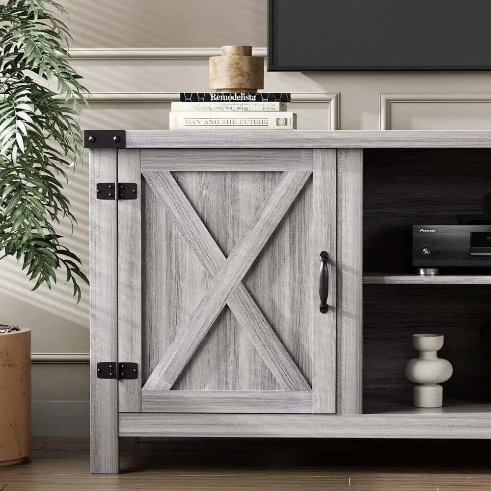 Modern TV Stand with Two Barn Doors and Storage Cabinets