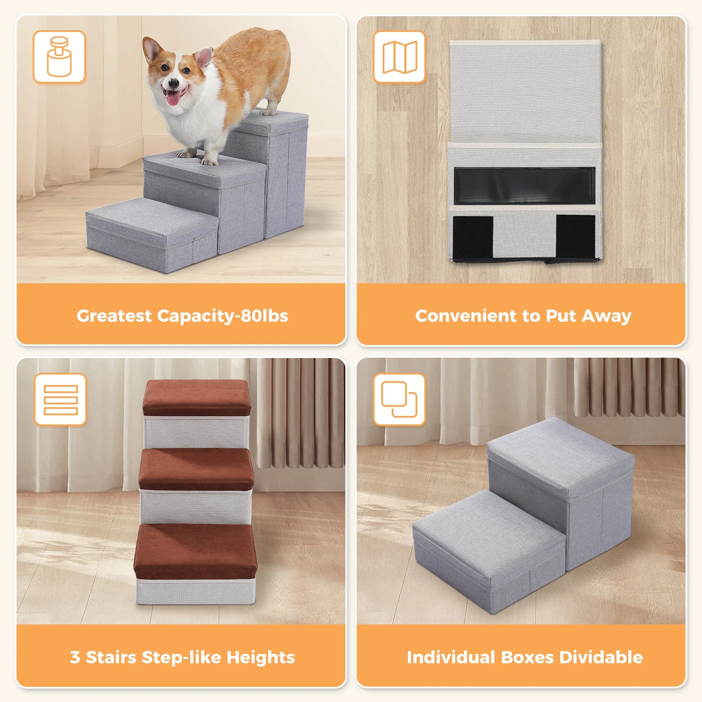 Portable 3 Stairs Dog Step for Small Dogs with Storage.