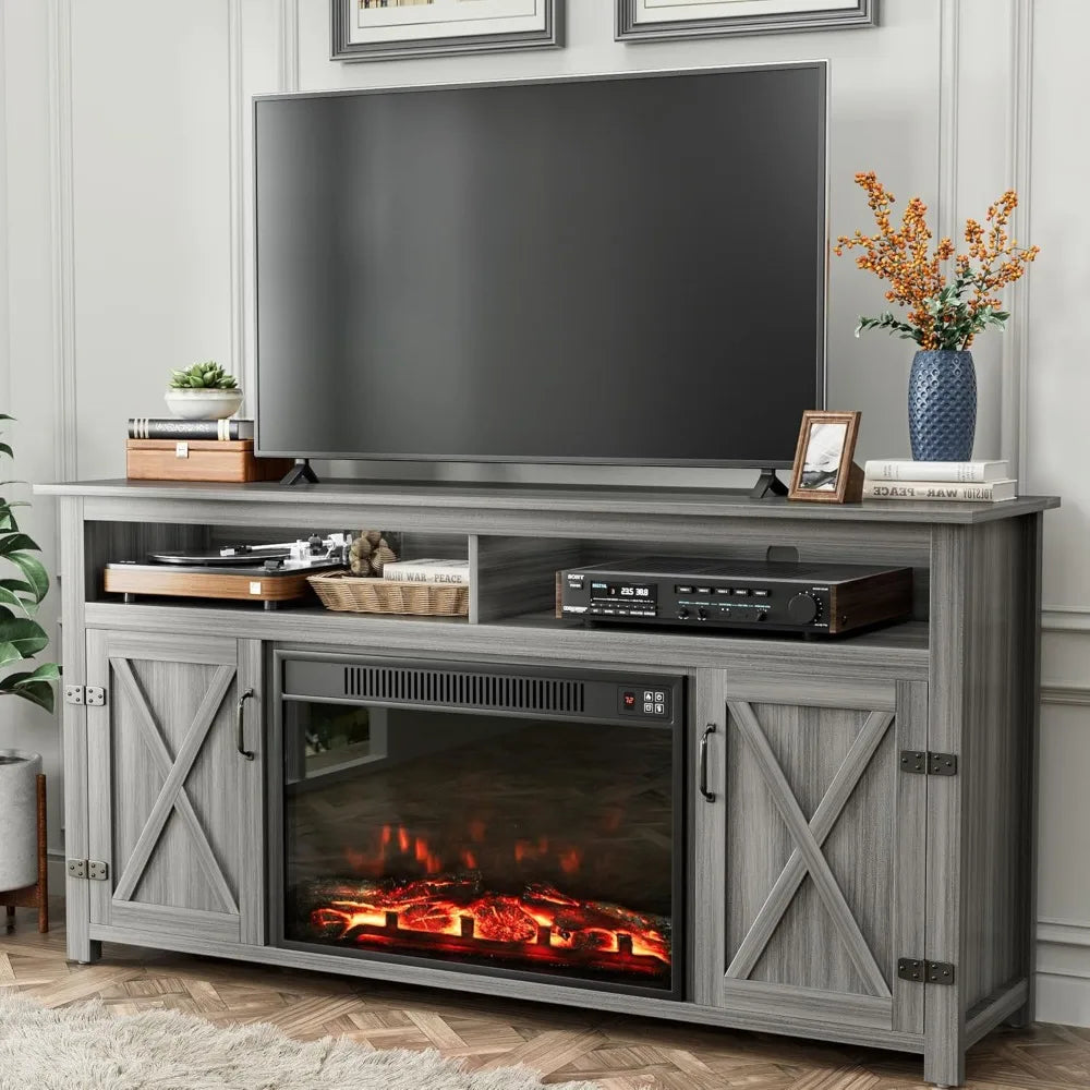 Modern TV Stand with Two Barn Doors and Storage Cabinets