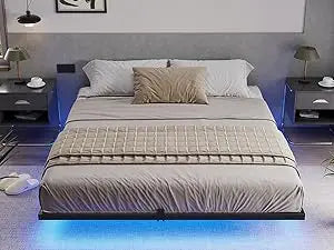 Floating Queen Size Metal Frame Platform Bed With LED Lights