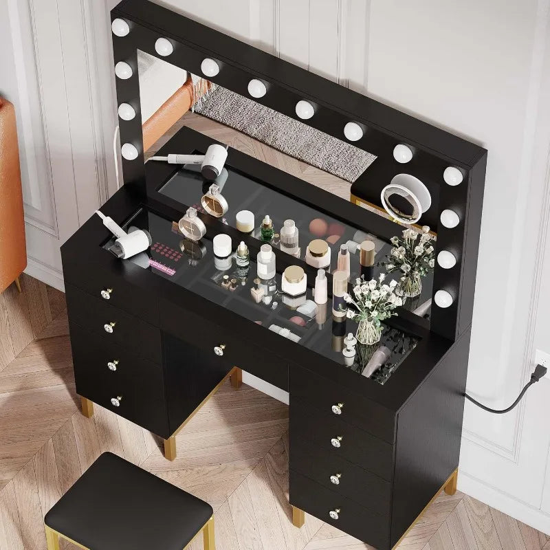 White/Black Vanity Desk with Large Mirror, Lights, and Charging Station