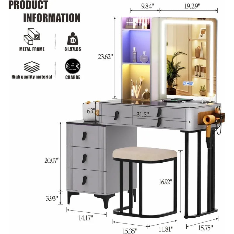 Vanity Desk with Mirror & RGB LED Lights-Vanity Set with USB & Type-C&Wireless Charging Station