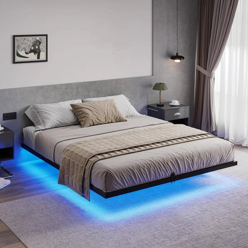 Floating Queen Size Metal Frame Platform Bed With LED Lights