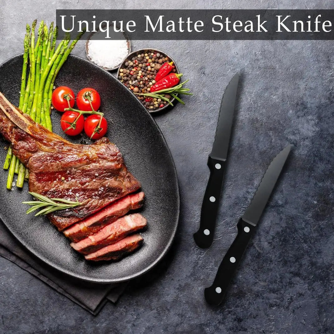 48 Piece Matte Black Silverware Set with Steak Knives, Stainless Steel Flatware Sets, Satin Polished Cutlery Set for Kitchen