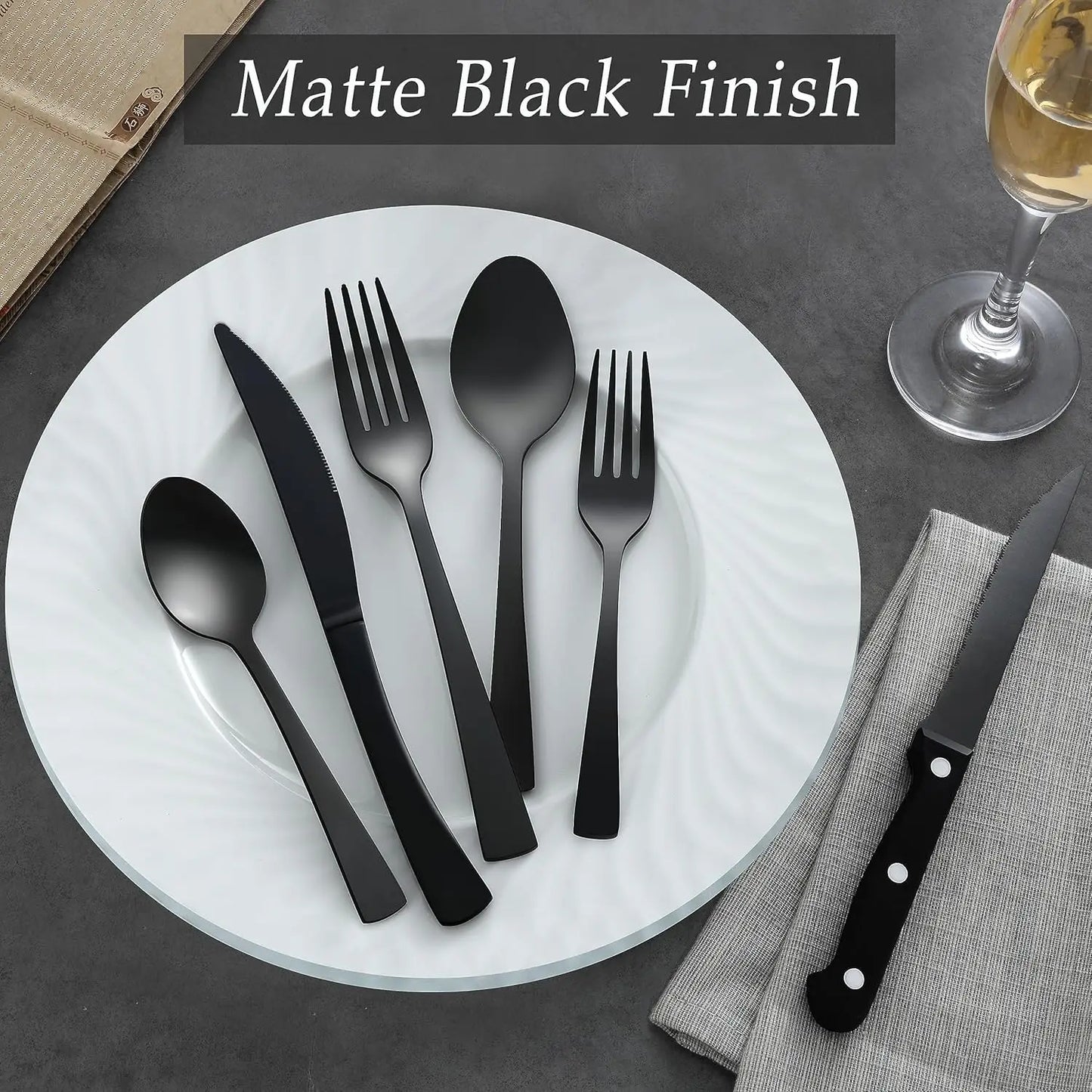 48 Piece Matte Black Silverware Set with Steak Knives, Stainless Steel Flatware Sets, Satin Polished Cutlery Set for Kitchen