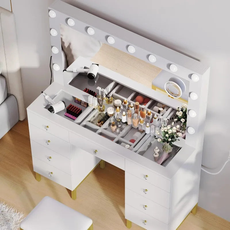 White/Black Vanity Desk with Large Mirror, Lights, and Charging Station