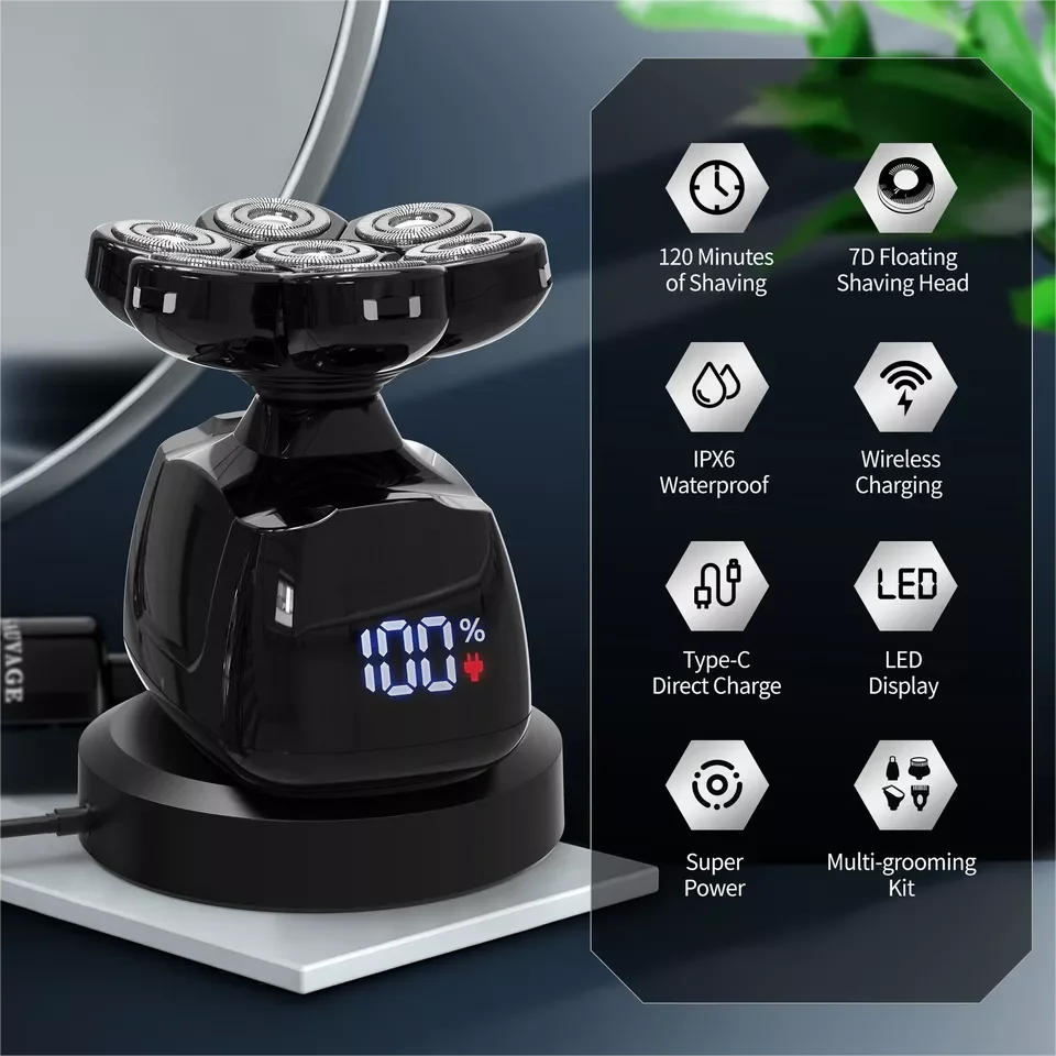 6-in-1 Multifunctional 7D Head Shavers, Electric Razor for Bald Men