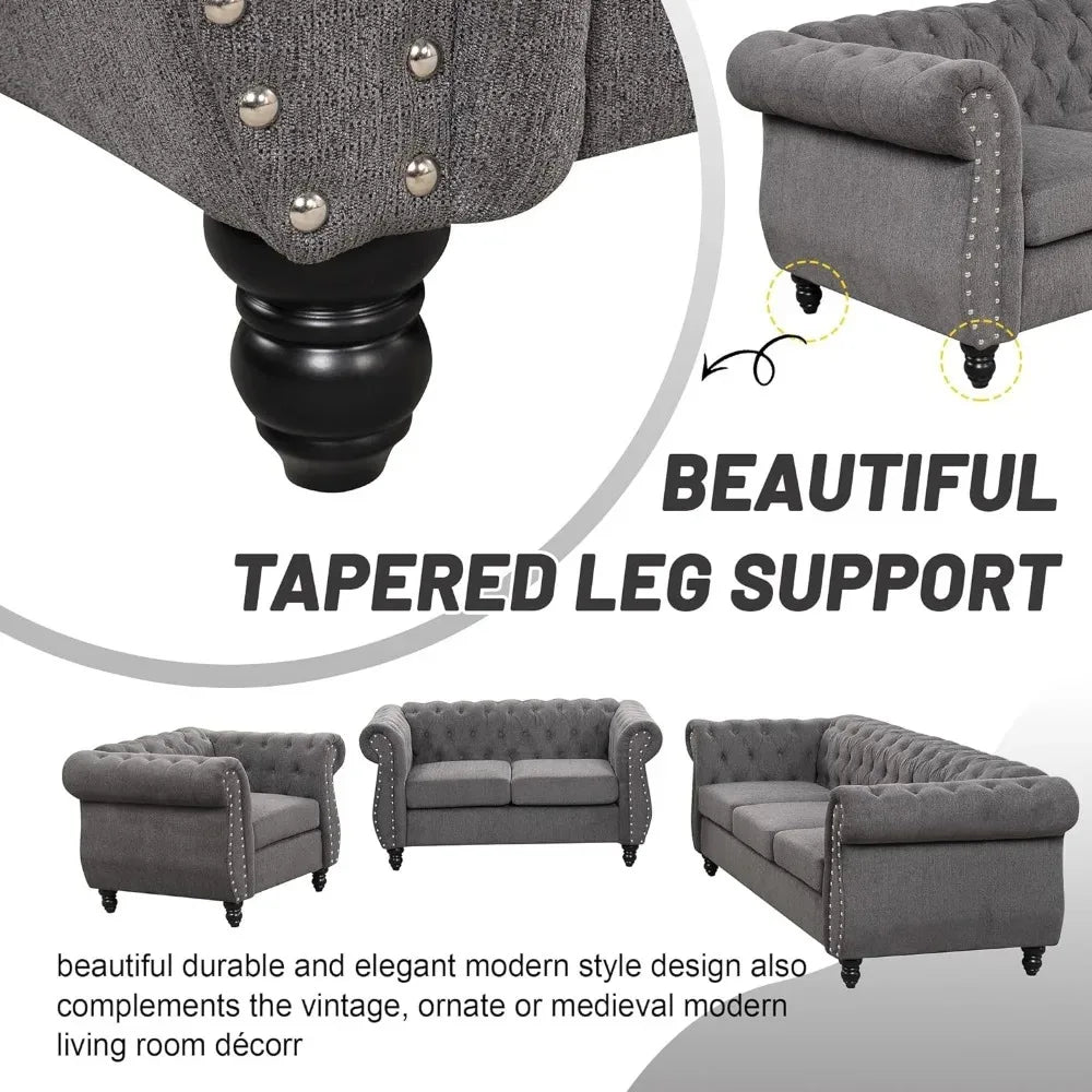Modern 3-Piece, Three-Seater, Loveseat and Single Chair Sofa Set.