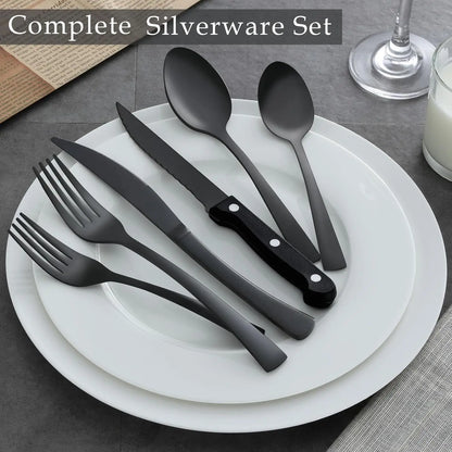 48 Piece Matte Black Silverware Set with Steak Knives, Stainless Steel Flatware Sets, Satin Polished Cutlery Set for Kitchen