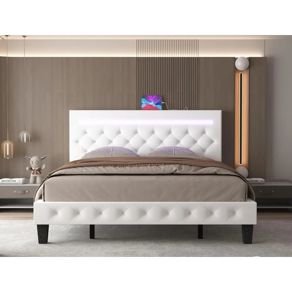 Full-Size Bed Frame with LED Lights and Charging Station