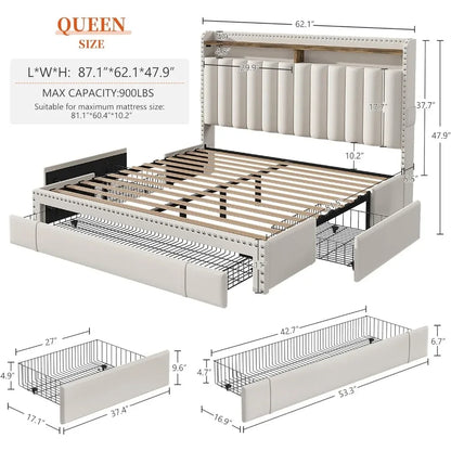 Queen-size upholstered bed frame  with 3 drawers and headboard