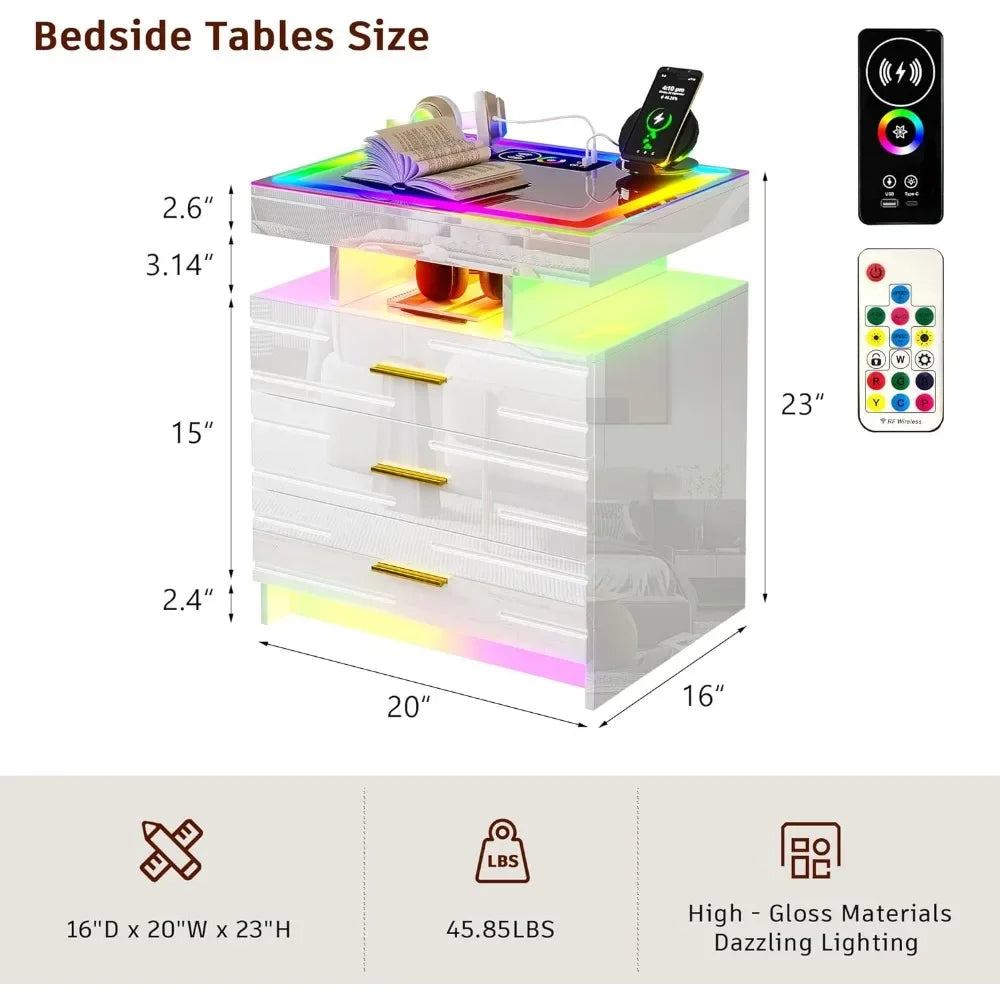 Bedroom Bedside Nightstand with LED Lights