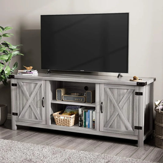 Modern TV Stand with Two Barn Doors and Storage Cabinets