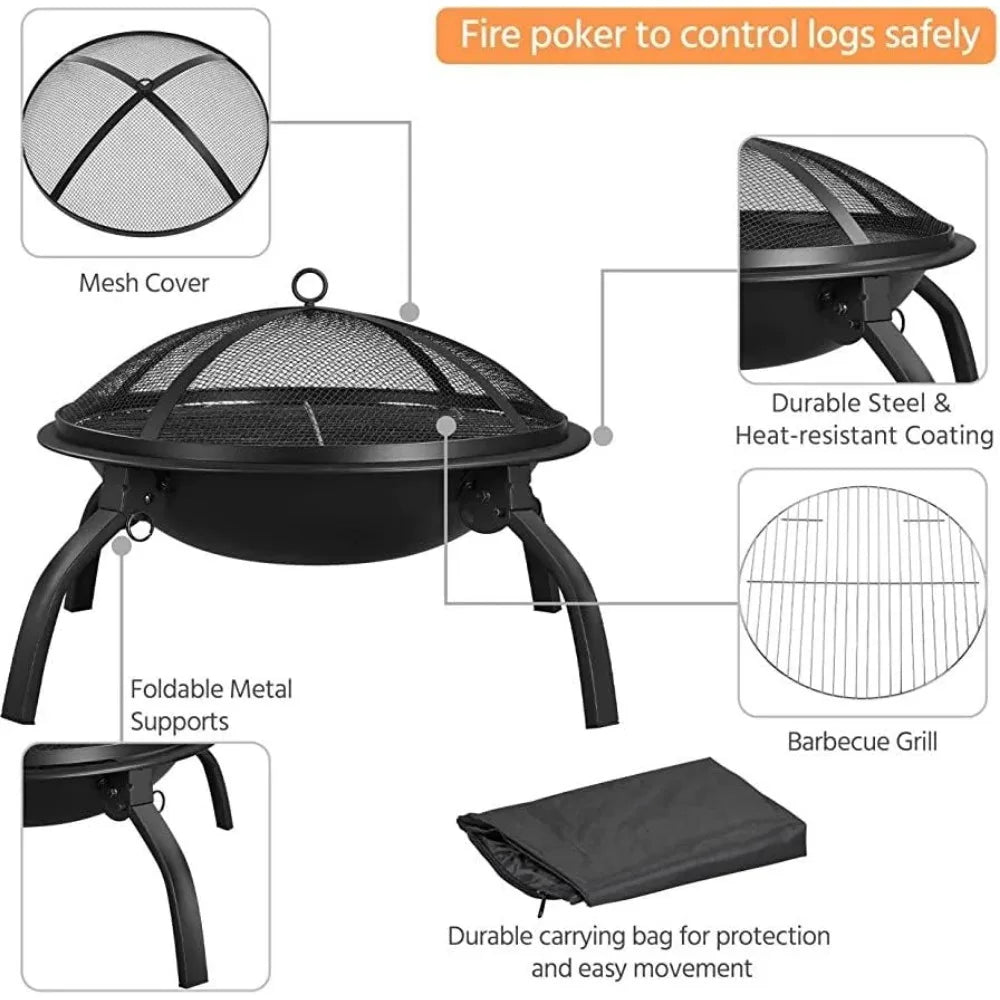 Steel Fire Pit  with Folding Legs, Firepit Outdoor Garden Patio