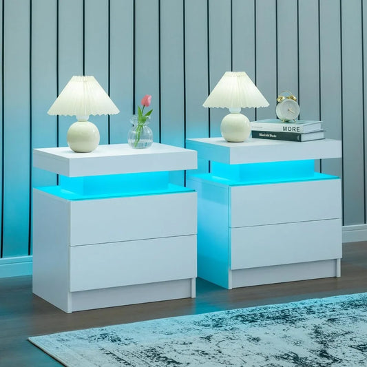 Set of 2 LED Nightstand with 2 Drawers, Bedside Nightstand