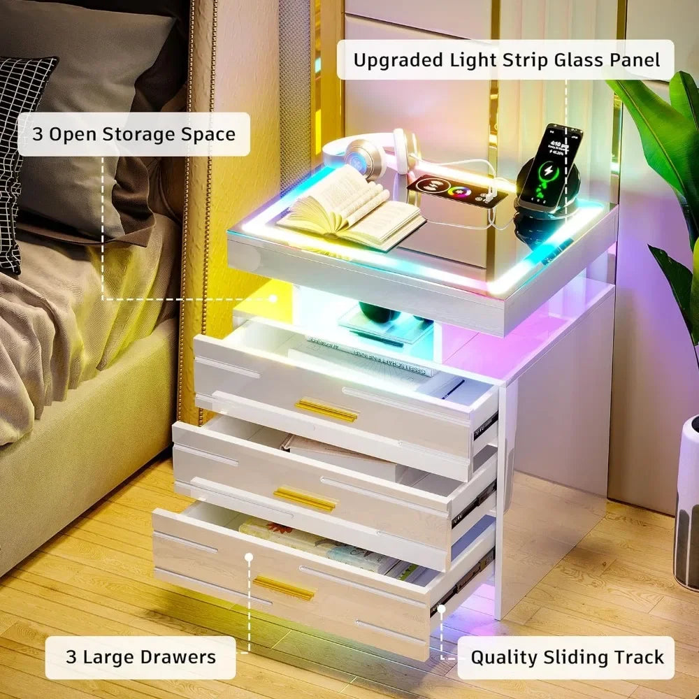 Bedroom Bedside Nightstand with LED Lights