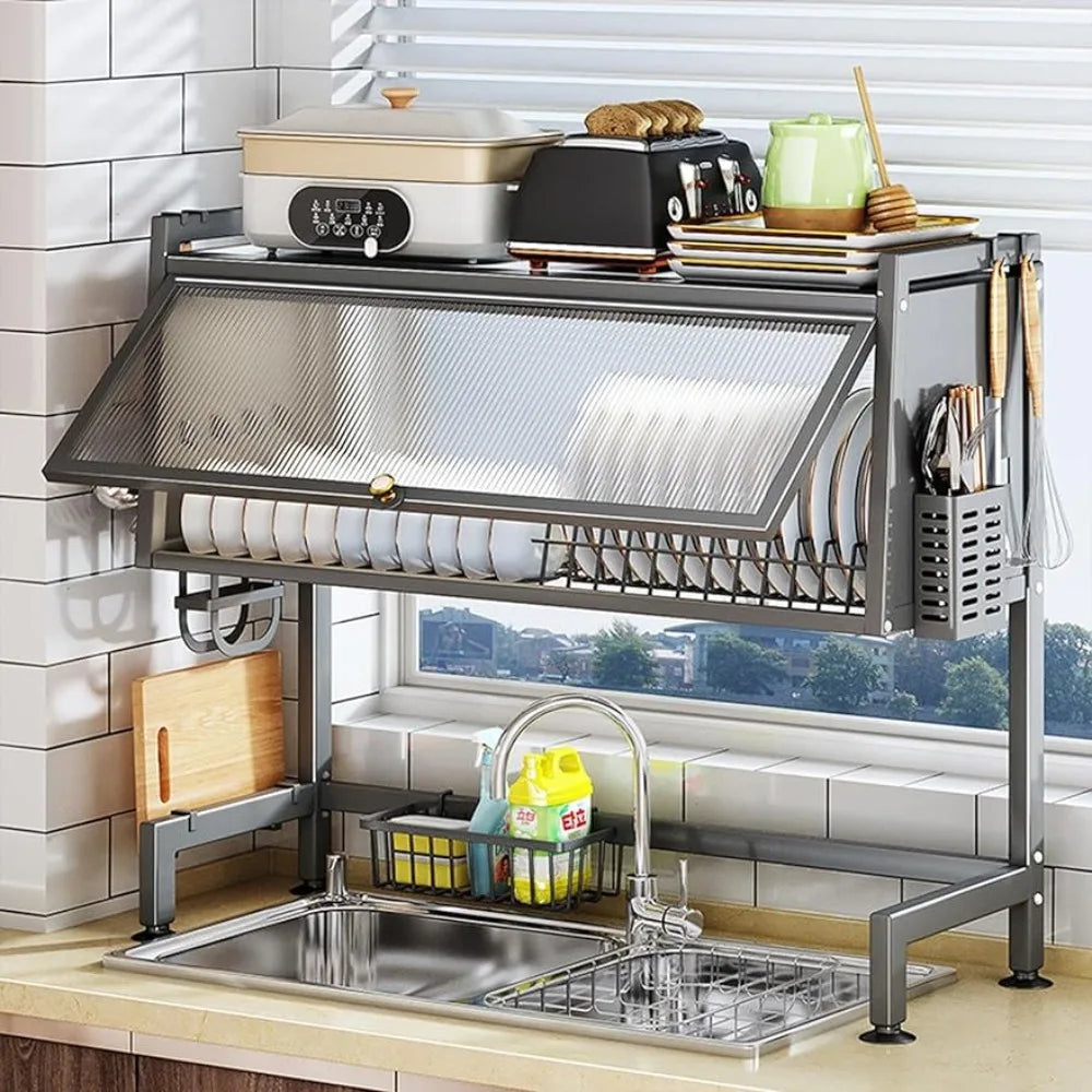 Over The Dish Drying Rack with Cover Over Sink Dish Rack Keep Kitchen Sink Shlef Organized Space-Saving Sink Drying Rac