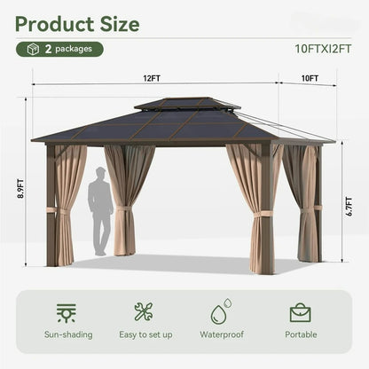 Outdoor Hardtop Gazebo, Aluminum Frame Permanent Pavilion with Curtains and Netting, Double Roof Canopy,for Gardens,Patios,Lawns