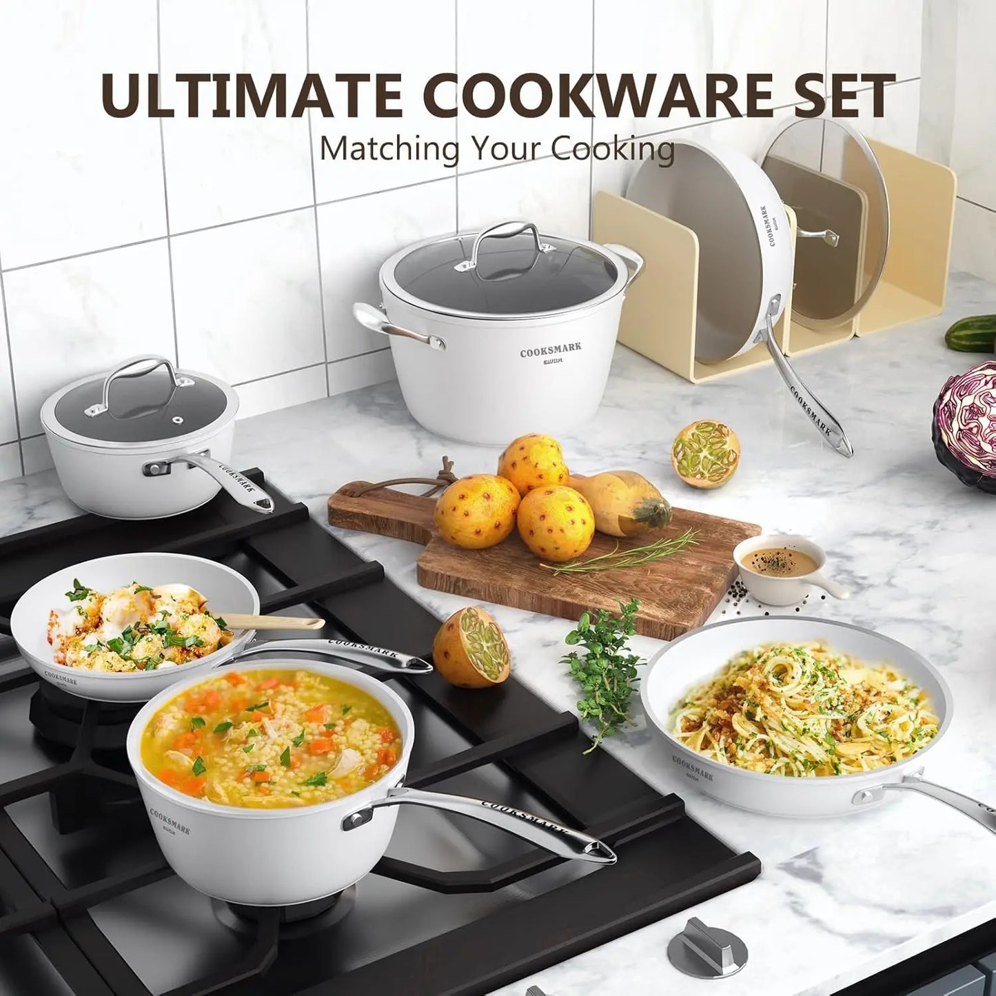 Nonstick Ceramic Cookware Set, 10 Pieces of White Pots and Pans Set with Glass Lids & Stainless Steel Handles