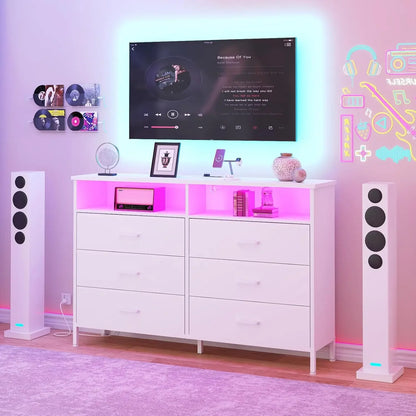 White Bedroom Dresser with LED Lights and Charging Station, 6 Long Drawers Dresser