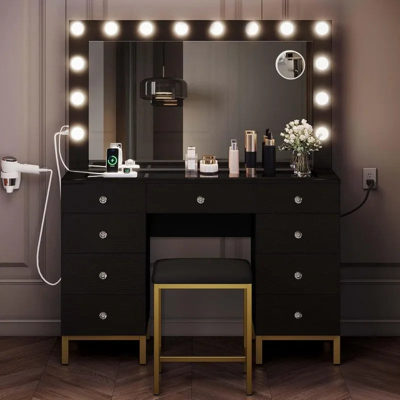 White/Black Vanity Desk with Large Mirror, Lights, and Charging Station