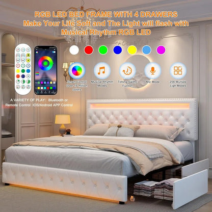 Queen Size Bed Frame with 4 Storage Drawers with Smart Control RGBW LED Lights