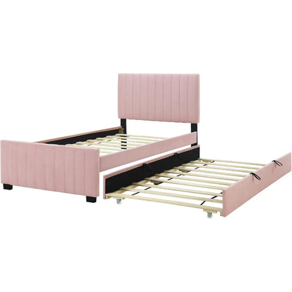 Upholstered Platform, Wood Frame Trundle, Twin Size Bed