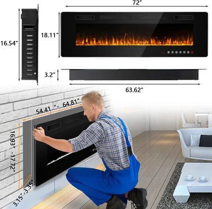 72-inch Ultra-Thin Silence Linear, Recessed Wall Mounted Fireplace