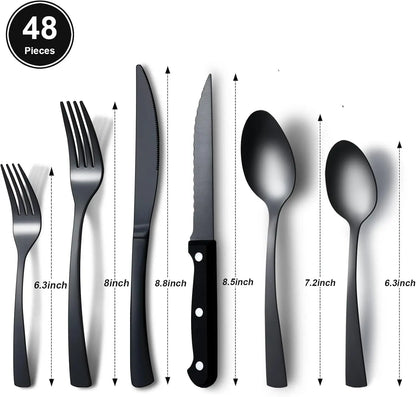 48 Piece Matte Black Silverware Set with Steak Knives, Stainless Steel Flatware Sets, Satin Polished Cutlery Set for Kitchen