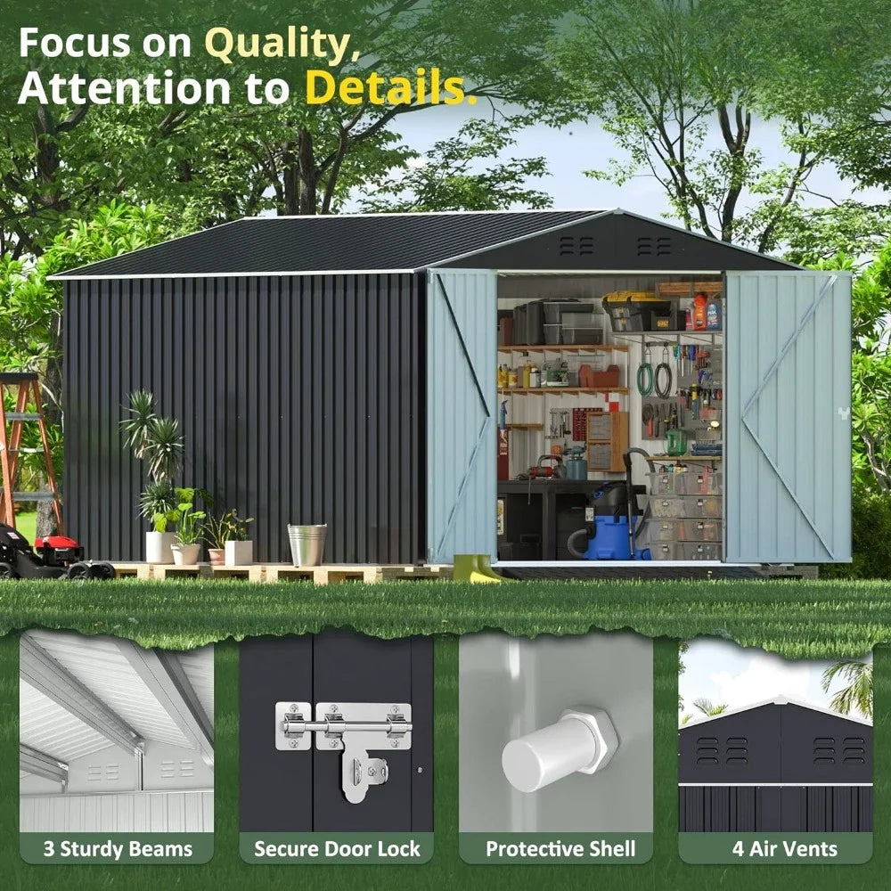 12x8 FT Outdoor Metal Storage Shed With Lockable Doors for Backyard