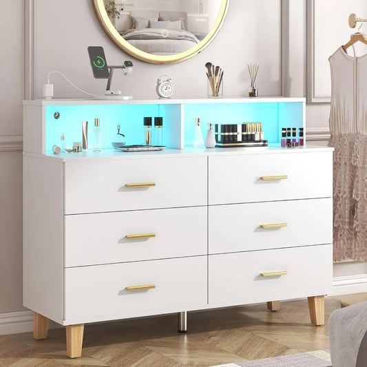 6 6-drawer dresser for Bedroom with LED Light & Power Outlet