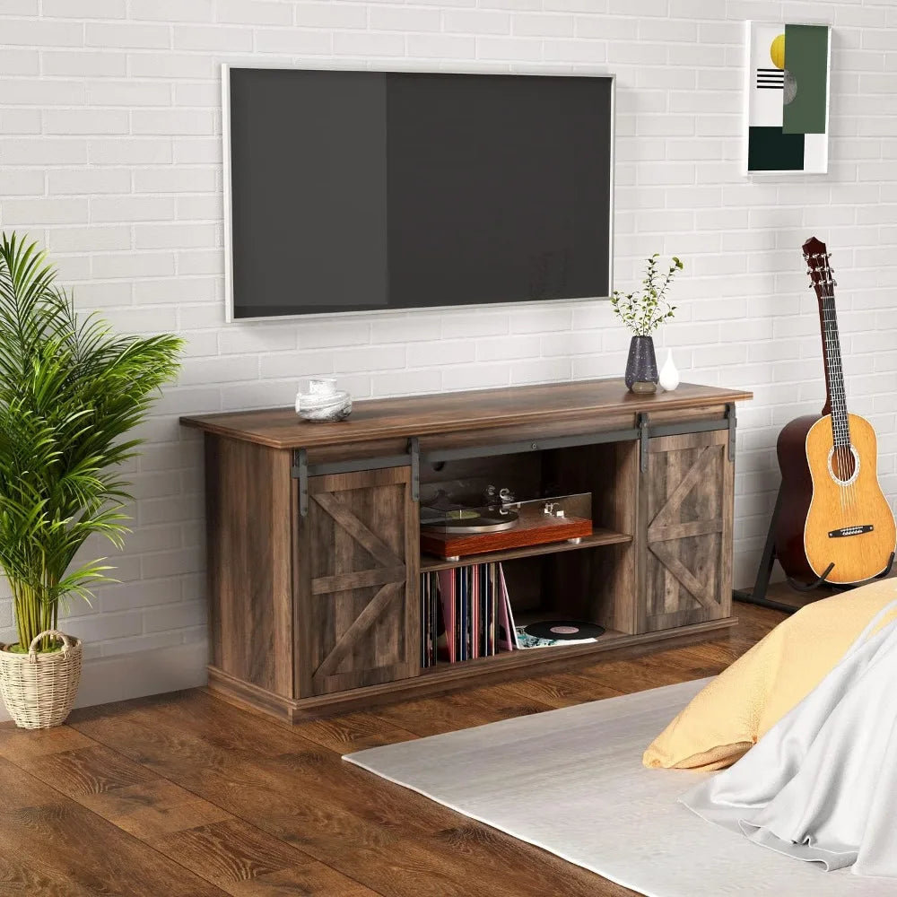 Modern TV Stand with Two Barn Doors and Storage Cabinets