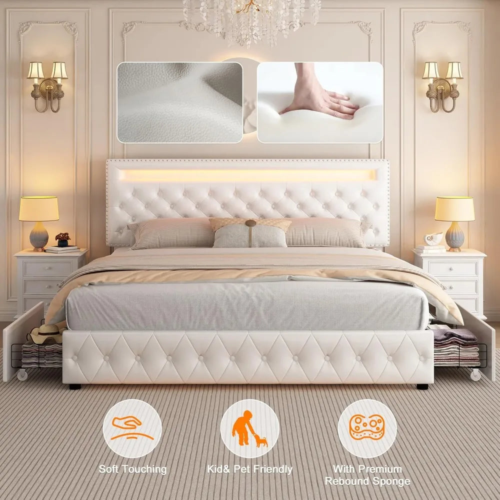 Queen Size Bed Frame with 4 Storage Drawers with Smart Control RGBW LED Lights