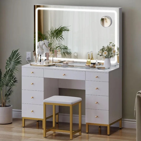 White/Black Vanity Desk with Large Mirror, Lights, and Charging Station