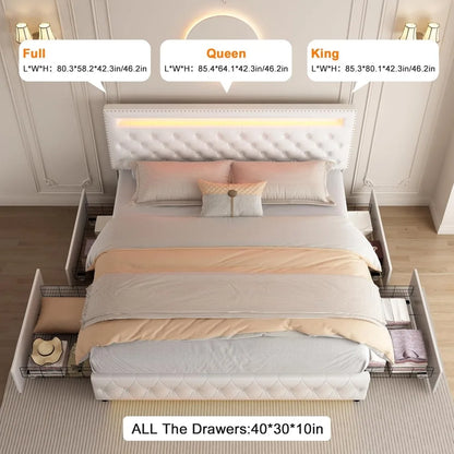 Queen Size Bed Frame with 4 Storage Drawers with Smart Control RGBW LED Lights