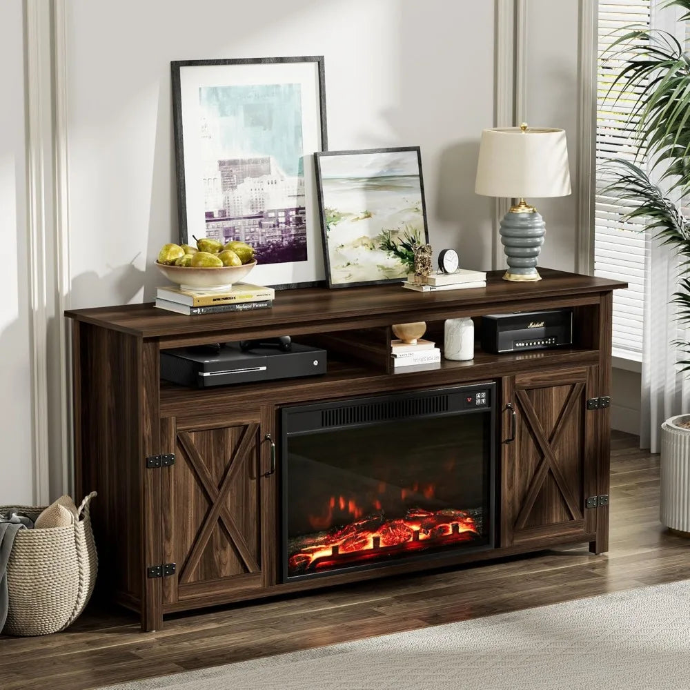 Modern TV Stand with Two Barn Doors and Storage Cabinets